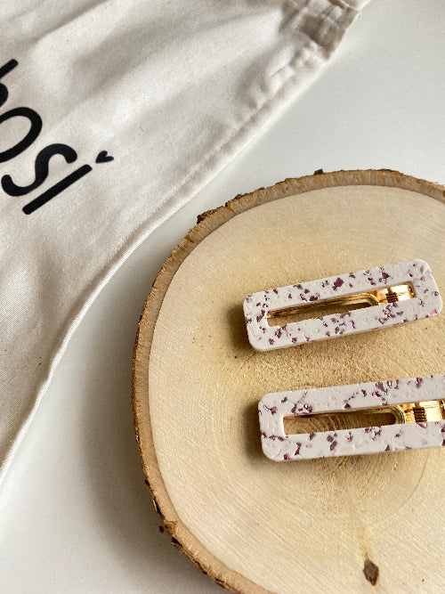 Barrette rectangulaire Blanche éclats roses - Bohosi Atelier